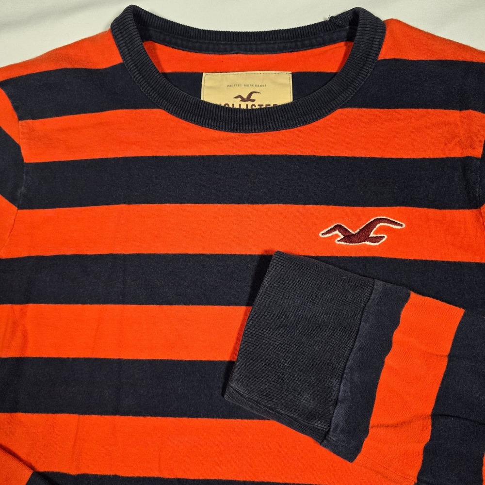 Y2k Hollister Mens Long Sleeve‎ Striped T-Shirt Orange Navy Blue Logo Small